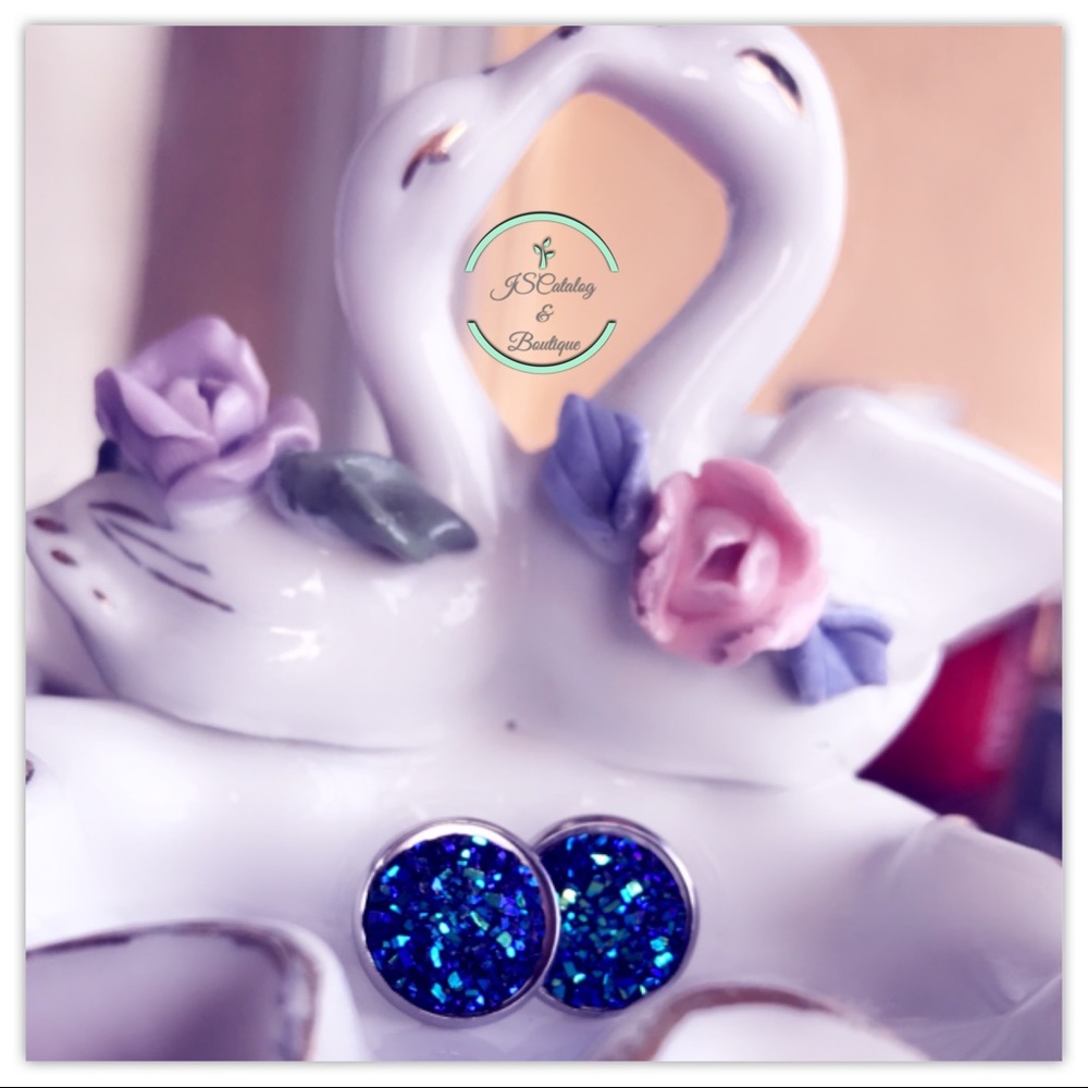Royal Blue Druzy on Silver Post Studs - Picture 4 of 4